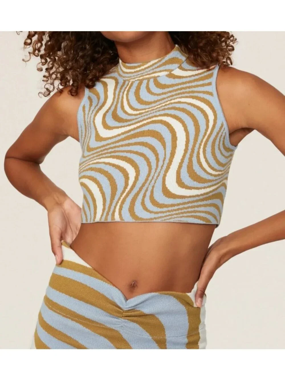 Rhode JUDE Retro Swirl Knit Sleeveless High Neck Crop Top Blouse Sz S - Picture 3 of 9